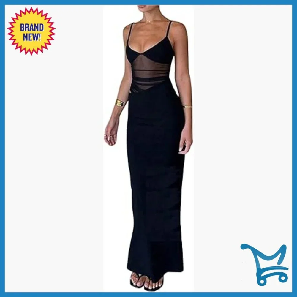 Mesh Bodycon Maxi Dress V Neck Sleeveless Formal Party Wedding - Picture 1 of 5